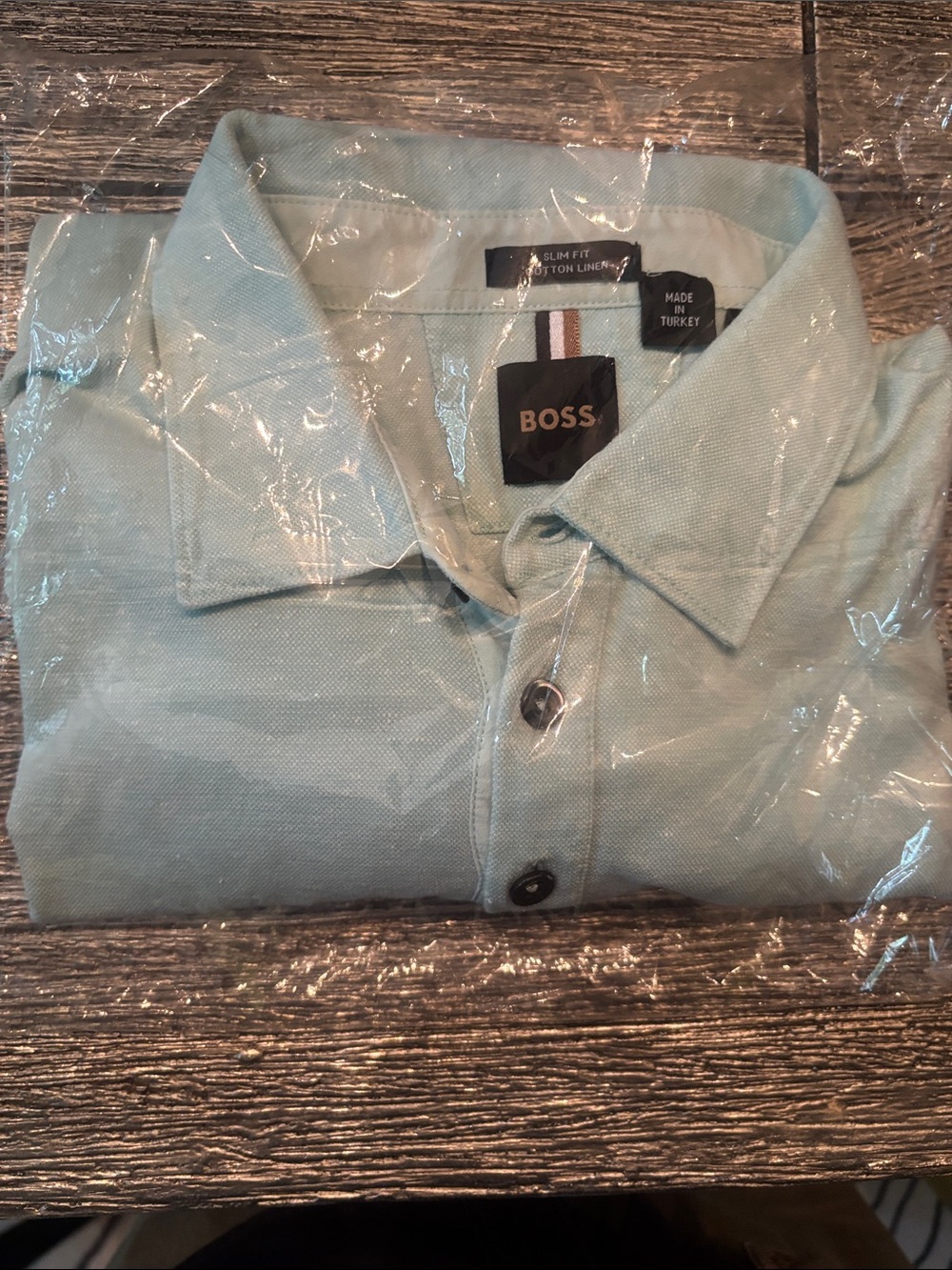 BOSS Pale Mint Green Cotton-Linen Button-Down Shirt Medium Slim fit